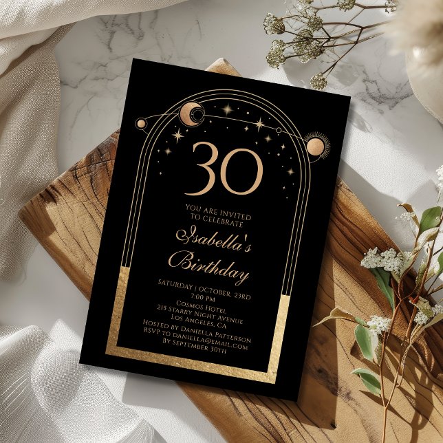 Celestial Black Gold Sun Moon Stars 30th Birthday Invitation (Creator Uploaded)