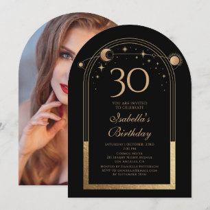 Celestial Black Gold Sun Moon Stars 30th Birthday Invitation