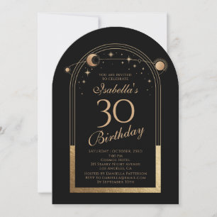 Celestial Black Gold Sun Moon Stars 30th Birthday Invitation