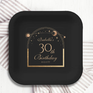 Celestial Black Gold Sun Moon Stars 30th Birthday Paper Plate