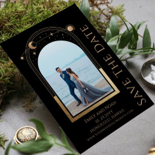 Celestial Black Gold Sun Moon Stars Double Photo Save The Date