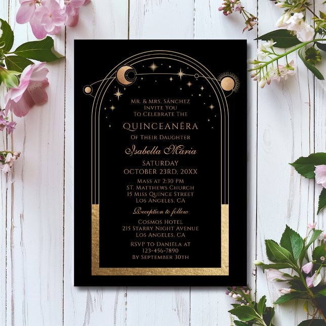 Celestial Black Gold Sun Moon Stars Quinceañera Invitation (Creator Uploaded)