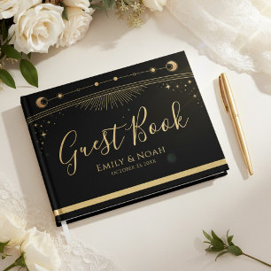 Celestial Black Gold Sun Moon Stars Wedding  Guest Book