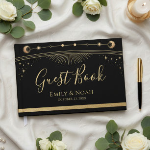 Celestial Black Gold Sun Moon Stars Wedding  Guest Book
