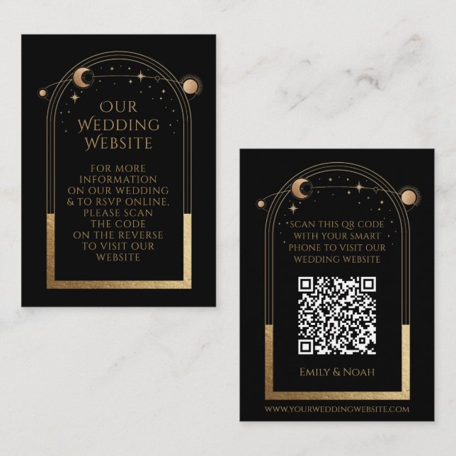 Celestial Black Gold Wedding Website QR Code Enclosure Card (Front/Back)