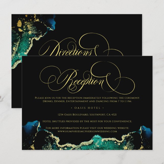 Celestial Black Green Gold Reception Wedding  Enclosure Card (Front/Back)