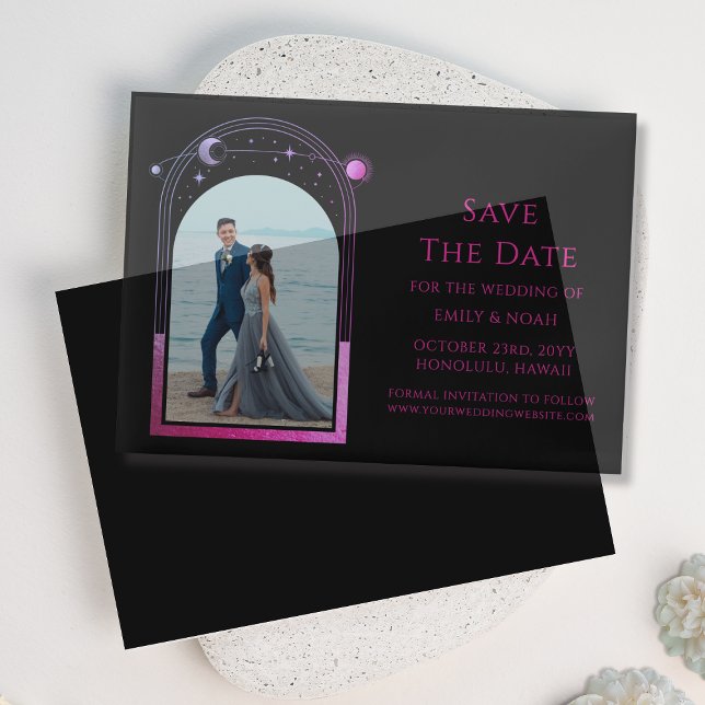 Celestial Black Purple Photo Wedding Save The Date Vellum Invitations (Creator Uploaded)