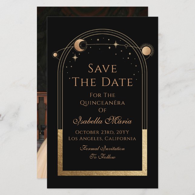 Celestial Black Save The Date Birthday Quinceanera (Front/Back)