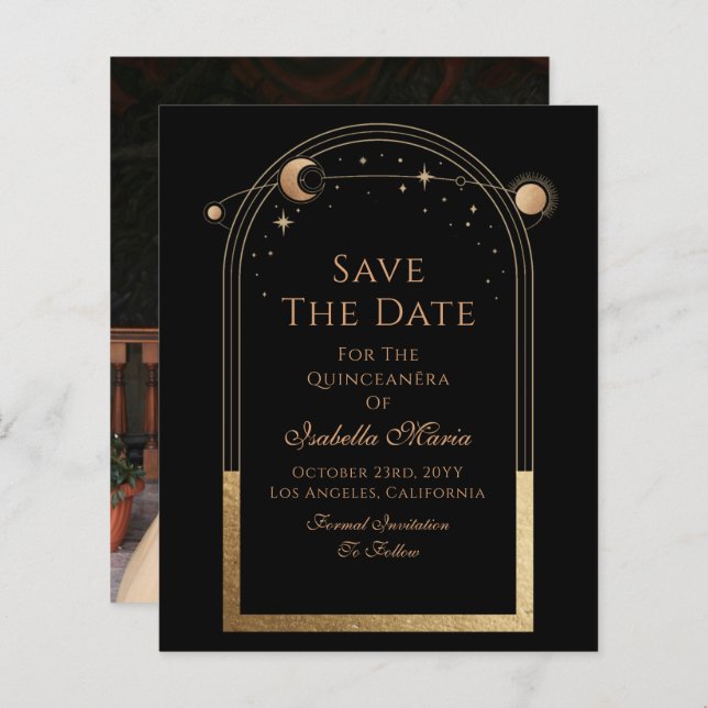 Celestial Black Save The Date Birthday Quinceanera (Front/Back)
