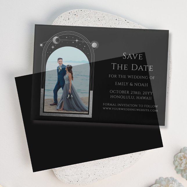 Celestial Black Silver Photo Wedding Save The Date Vellum Invitations (Creator Uploaded)