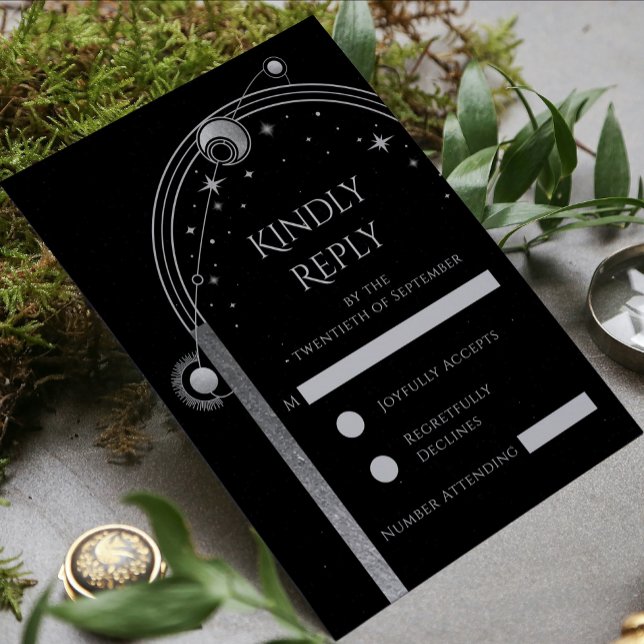 Celestial Black Silver Sun Moon Stars Wedding RSVP Card (Creator Uploaded)
