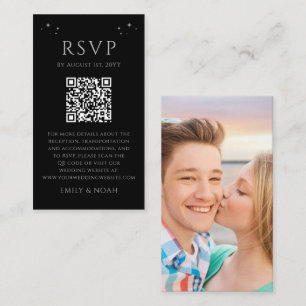 Celestial Black Silver Wedding QR Photo RSVP Enclosure Card