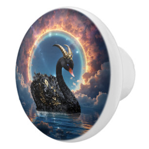 Celestial Black Swan Guardian of the Moonfire Veil Ceramic Knob