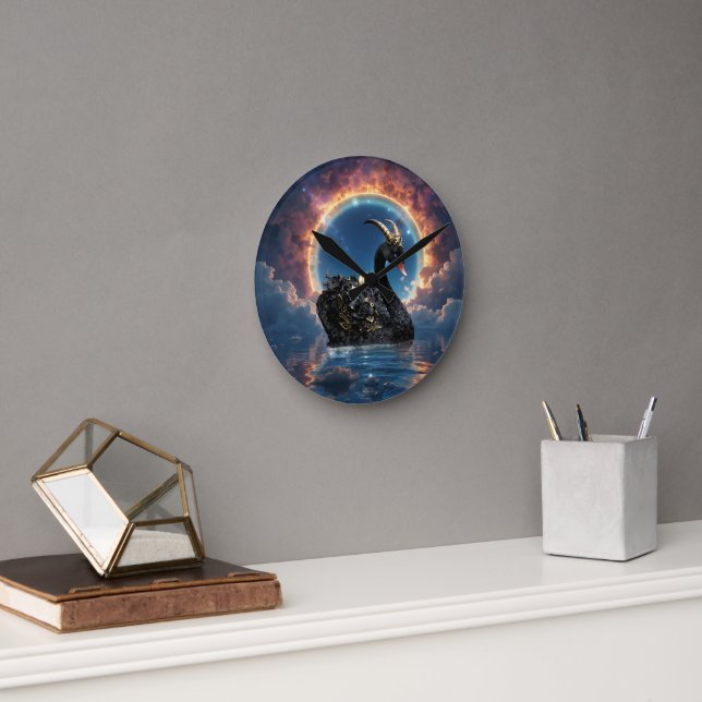 Celestial Black Swan Guardian of the Moonfire Veil Round Clock (Office)