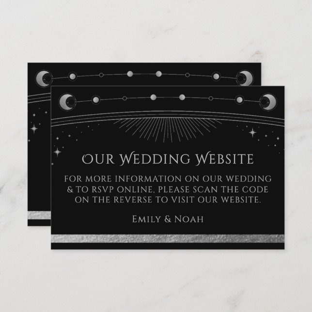 Celestial Black Wedding Website RSVP QR Code Enclosure Card (Front/Back)