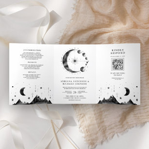 Celestial Black White Crescent Moon Phases Wedding Tri-Fold Invitation