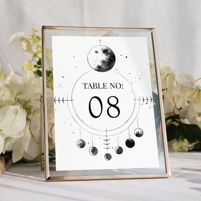 Celestial Black White Moon Phases Wedding Table Number (Creator Uploaded)