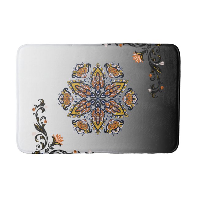 Celestial Bloom – Black & White Mandala Floral Des Bath Mat (Front)