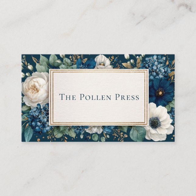 Celestial Bloom Navy and Gold Glitter Business Card (Front)