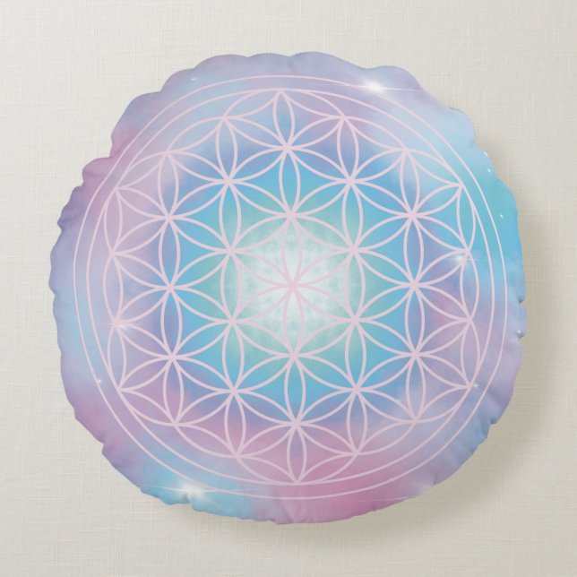 Celestial Bloom – Sacred Geometry Flower of Life Round Cushion (Front)