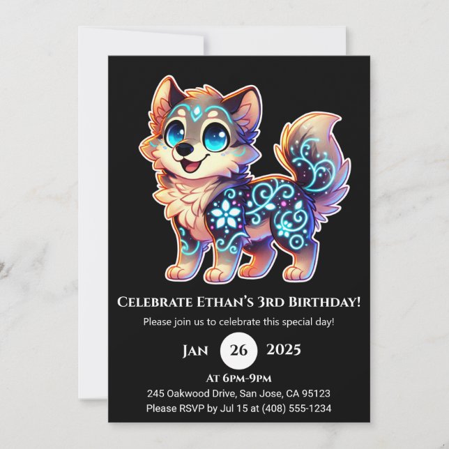 Celestial Bloom Wolf Birthday Invitation (Front)