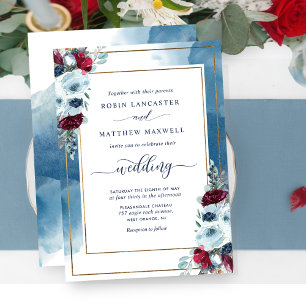 Celestial Blooms, Elegant Blue Red Purple Floral Invitation