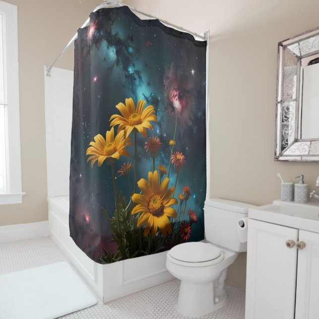 Celestial Blooms: Flowers Under the Milky Way  Shower Curtain (In Situ)