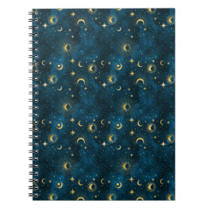 Celestial Blue and Gold Starry Night Crescent Moon Notebook