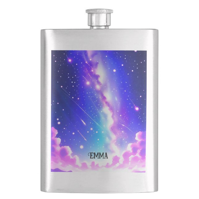 Celestial Blue and Pink Galaxy Custom Name Hip Flask (Front)