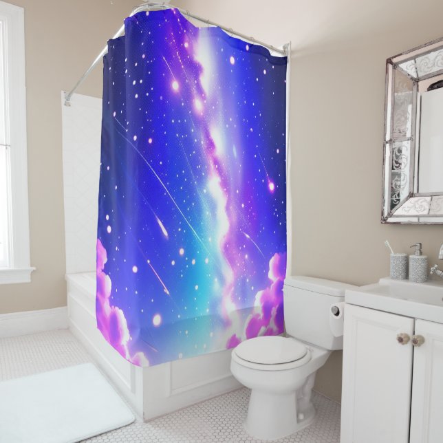 Celestial Blue and Pink Galaxy Shower Curtain (In Situ)