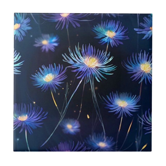 Celestial Blue Aster A Cosmic Bloom Ceramic Tile (Front)