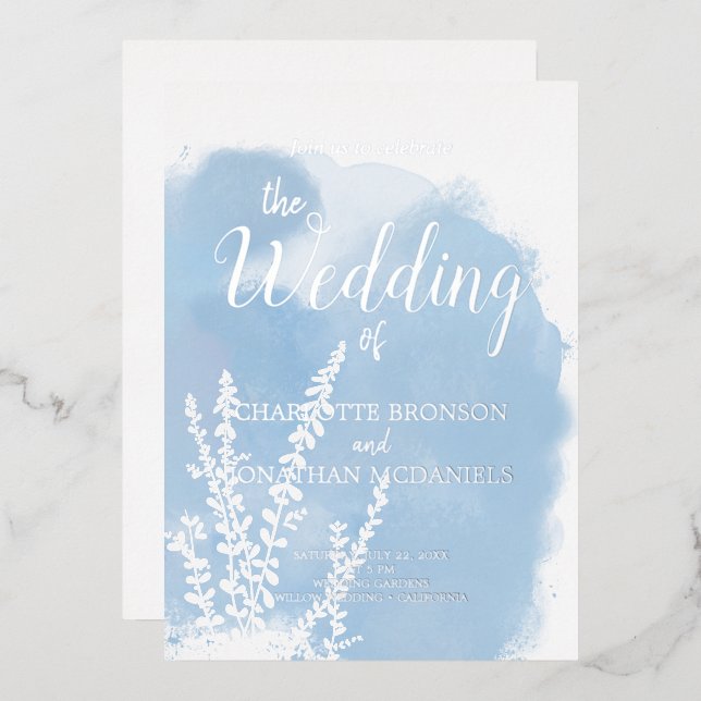 Celestial Blue Botanical Watercolor Wash Wedding  (Front/Back)