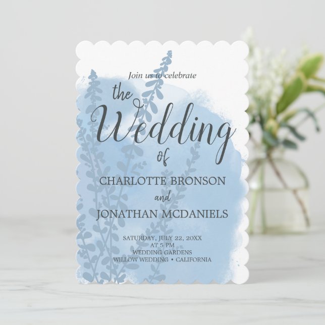 Celestial Blue Botanical Watercolor Wash Wedding   Invitation (Standing Front)