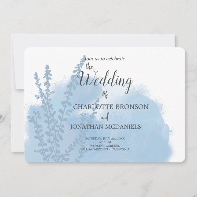 Celestial Blue Botanical Watercolor Wash Wedding   Invitation (Front)