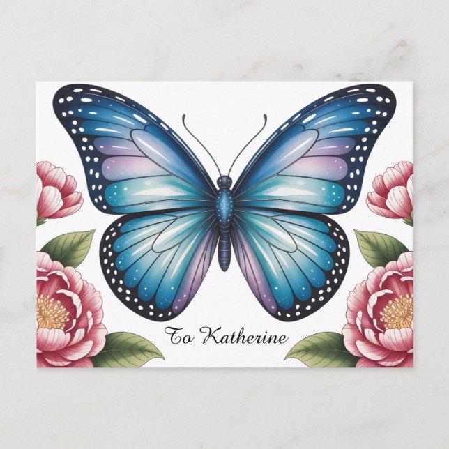 Celestial Blue Butterfly and Pink Peony with Text Postcard (Front)
