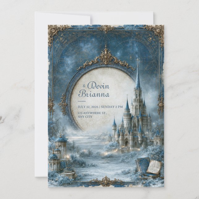Celestial Blue Castle Wedding Invitation (Front)