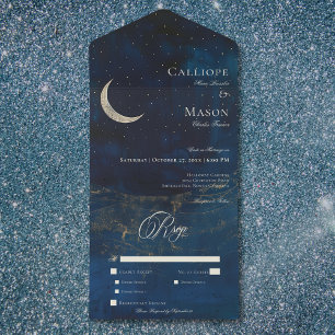 Celestial Blue Crescent Moon Wedding Dinner All In One Invitation