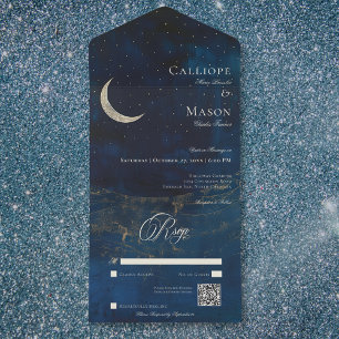 Celestial Blue Crescent Moon Wedding QR Code All In One Invitation
