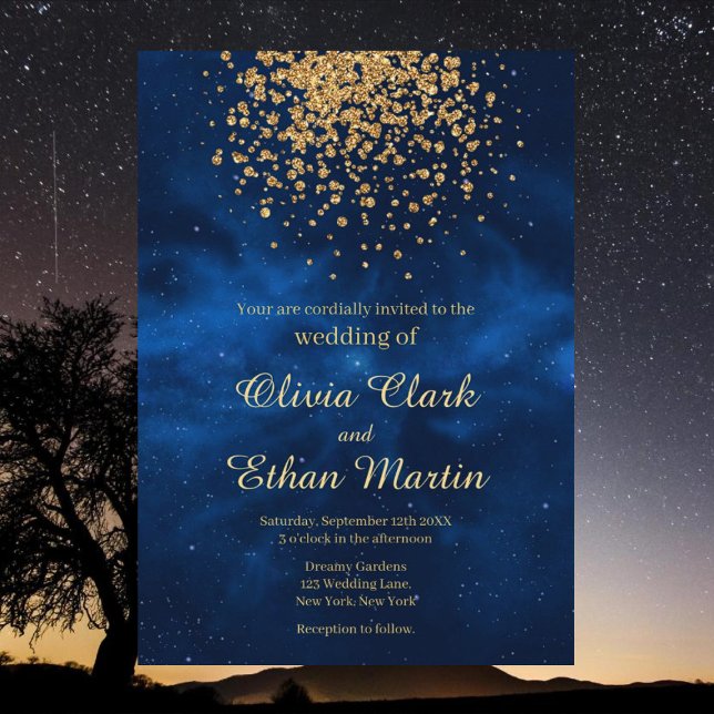 Celestial Blue Galaxy Gold Confetti Wedding Invitation (Creator Uploaded)