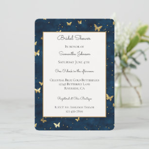 Celestial Blue Gold Butterflies Bridal Shower Invitation