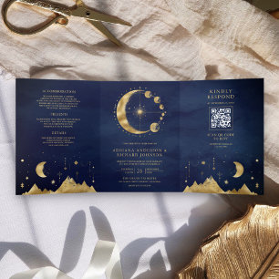 Celestial Blue Gold Crescent Moon Phases Wedding Tri-Fold Invitation