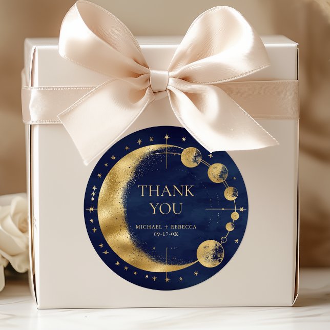 Celestial Blue Gold Moon Phases Wedding Thank You Classic Round Sticker (Creator Uploaded)