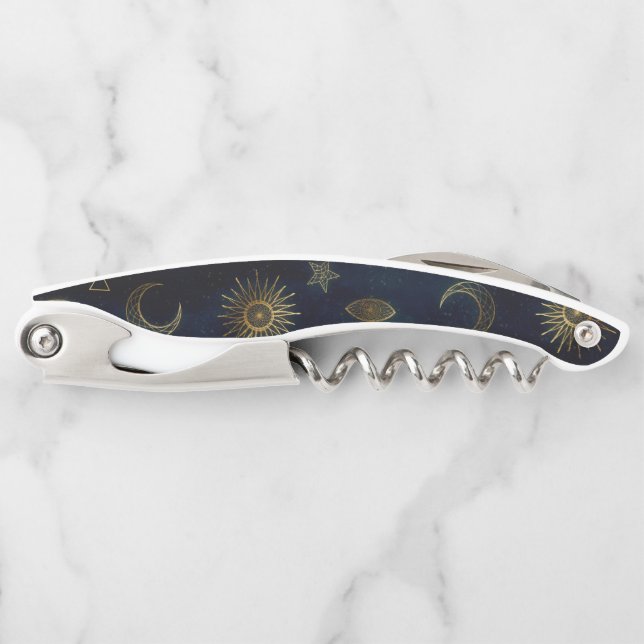 Celestial Blue Gold Sun Moon Stars Corkscrew (Front)