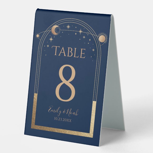 Celestial Blue Gold Sun Moon Stars Elegant Wedding (Front)