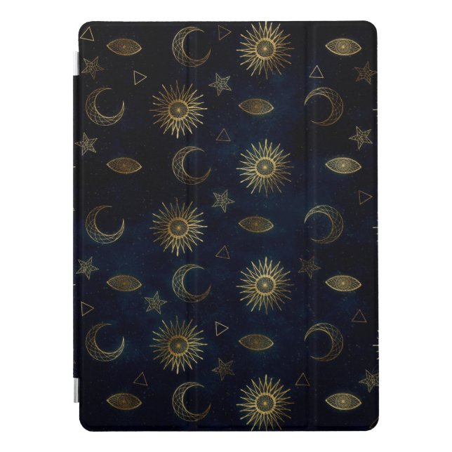 Celestial Blue Gold Sun Moon Stars iPad Pro Cover (Front)