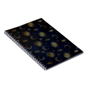 Celestial Blue Gold Sun Moon Stars Notebook