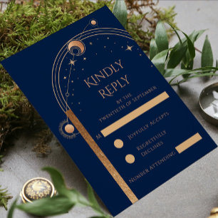 Celestial Blue Gold Sun Moon Stars Wedding RSVP Card