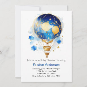 Celestial Blue Hot Air Balloon Boy Baby Shower Invitation