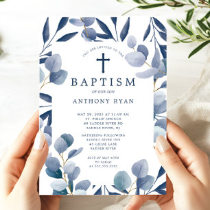 Celestial Blue Leaf Boys Baptism Invitation