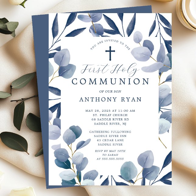 Celestial Blue Leaf Boys Communion Invitation (Creator Uploaded)